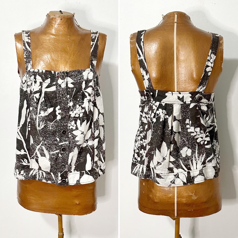 Anthro HD in Paris Laurel Black & White Floral Print Tank Top with Button Detail